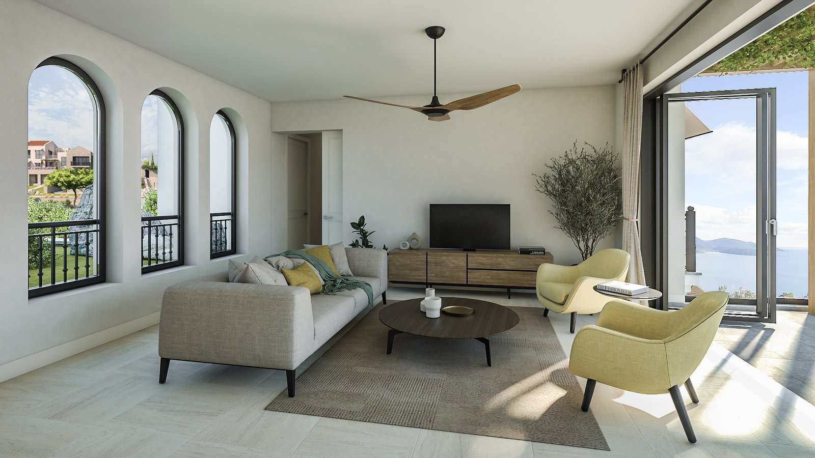Modern living room with sea view in Montenegro luxury apartments.