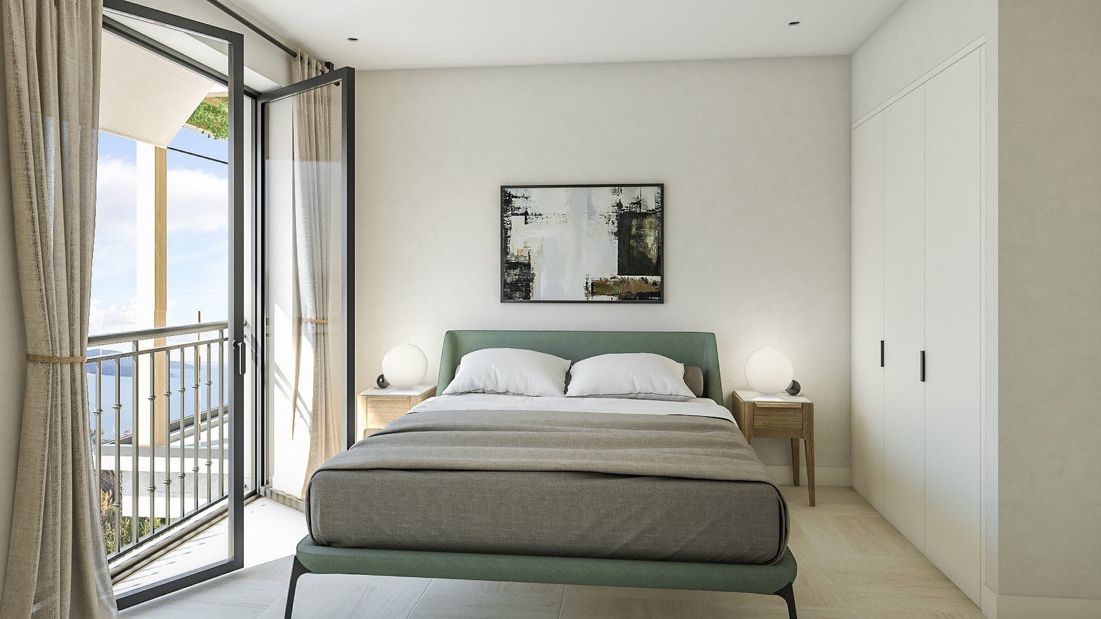 Modern bedroom with sea view balcony in Montenegro golf residence.