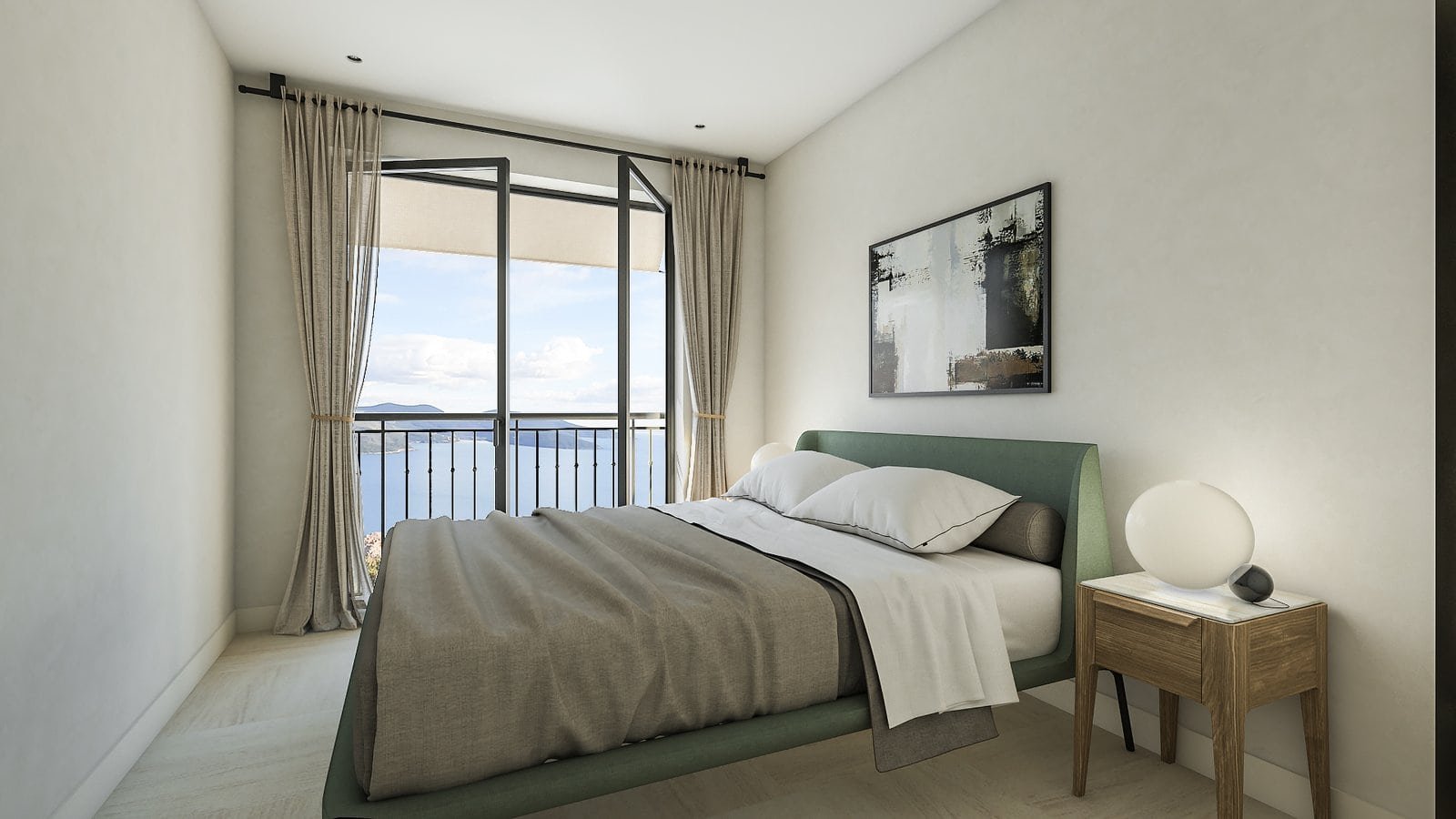 Elegant bedroom with sea view in Montenegro golf apartments. Perfect for luxury living and scenic Ad.
