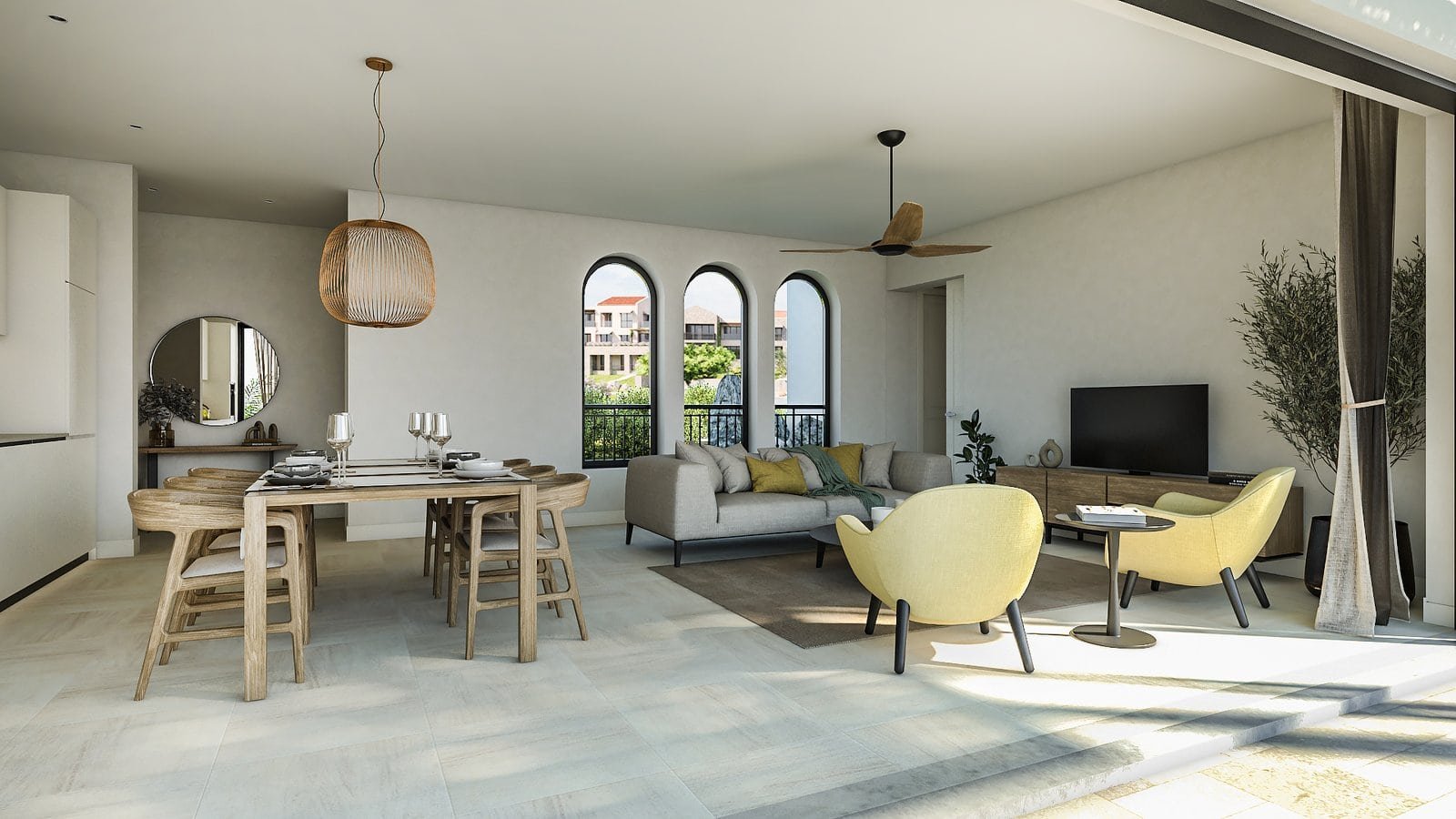 Elegant interior of luxury golf apartments with Adriatic Sea view in Montenegro.