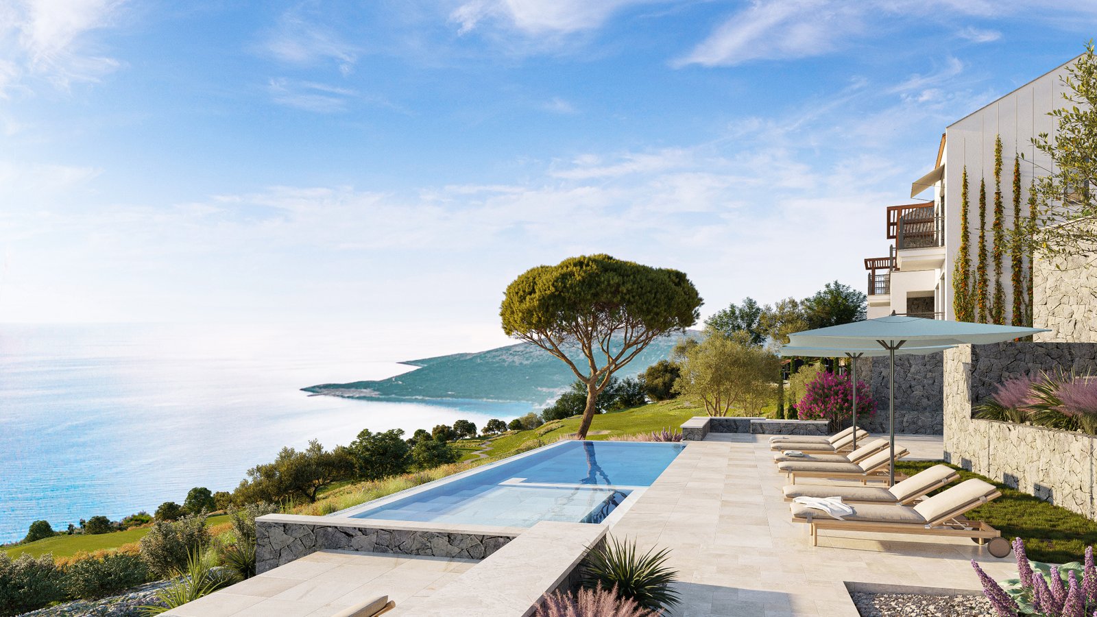 Modern luxury golf apartments in Montenegro overlooking the Adriatic Sea.