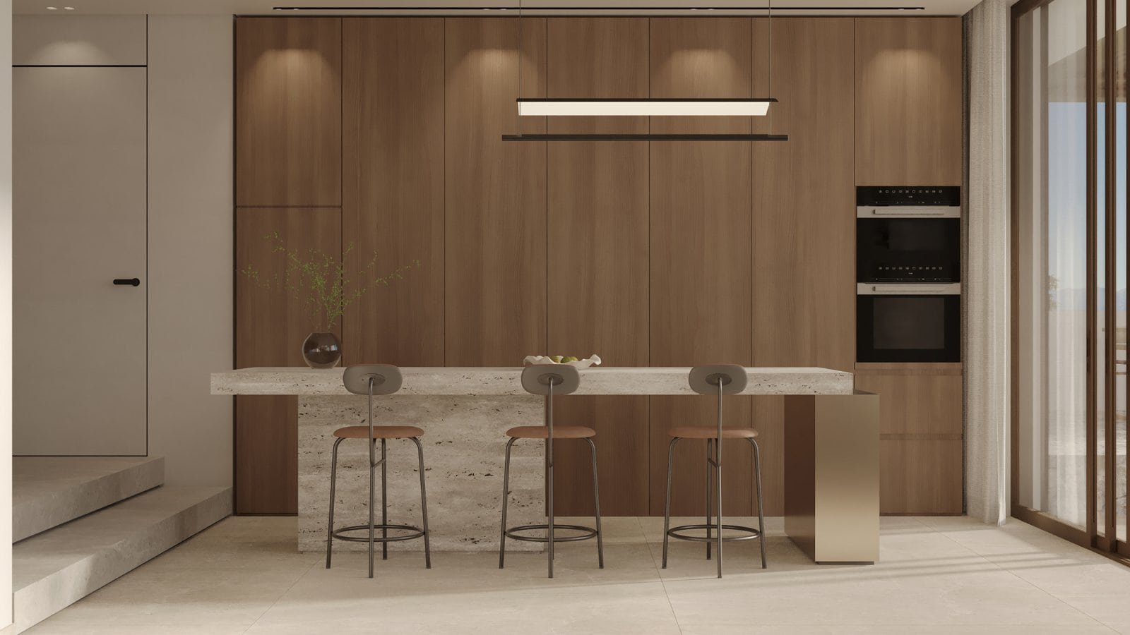 Modern luxury townhouse kitchen in Montenegro with sleek wooden cabinets and marble island.