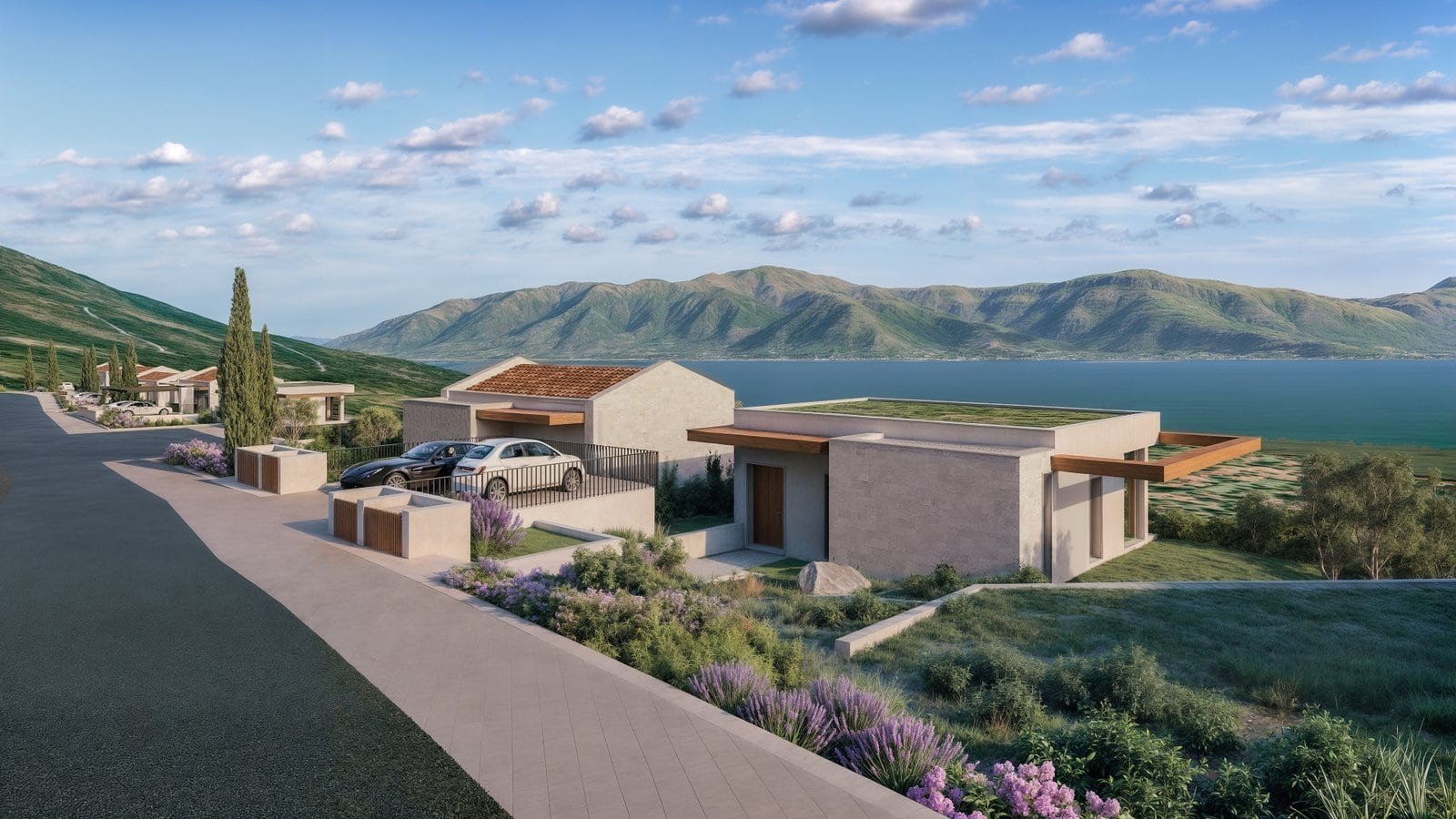 Elegant townhouses in Montenegro with stunning lake views at Adriatic Golf Residences.