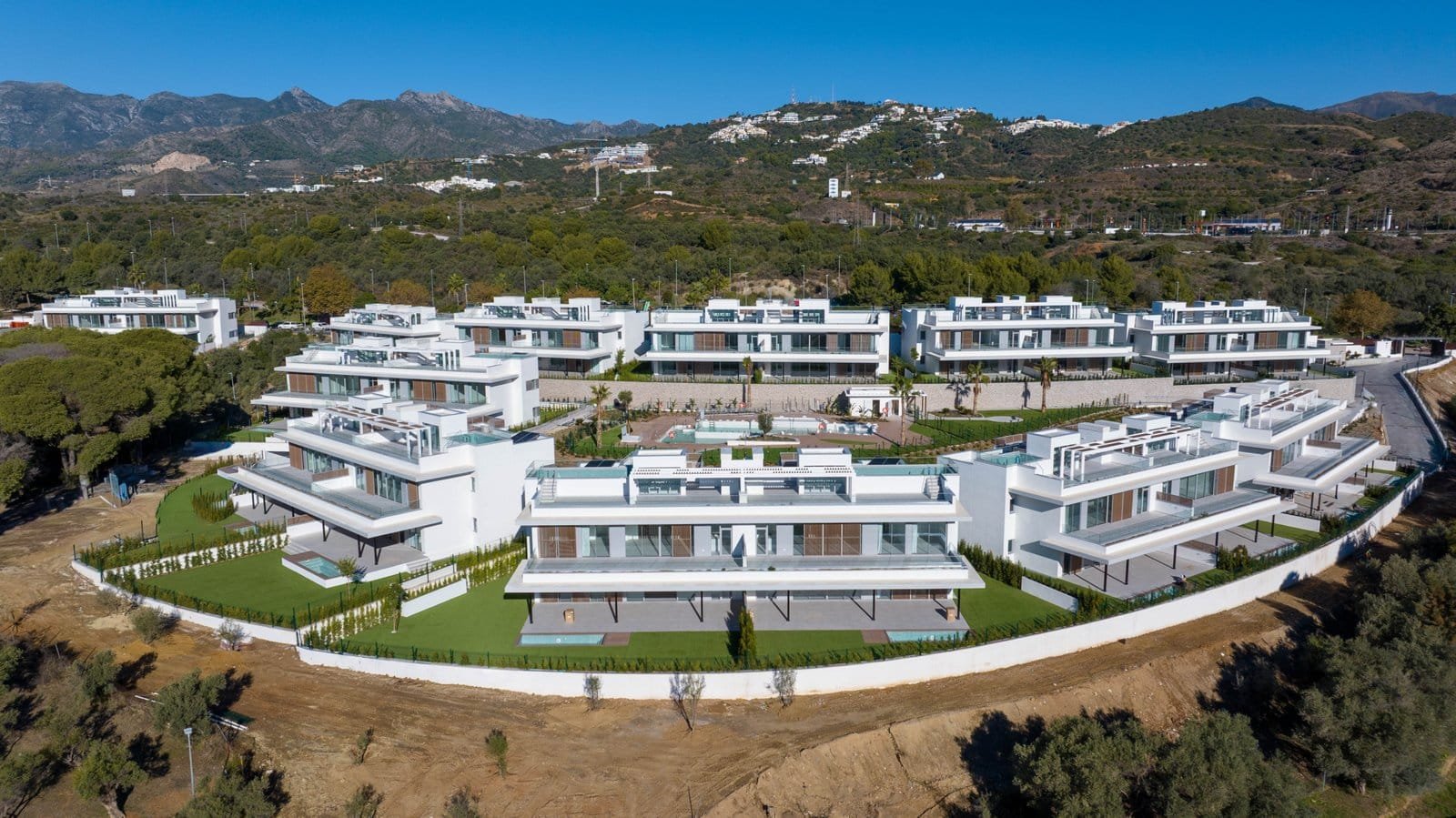 Aerial view of Santa Clara Golf Apartments Marbella, frontline golf residences with modern design an.