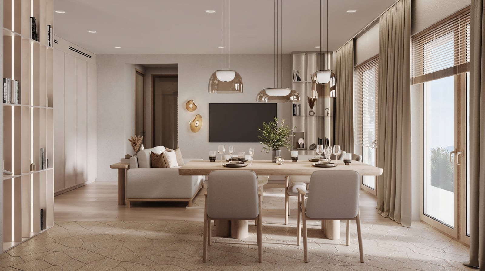 Stylish and spacious living room with contemporary furniture and large windows.