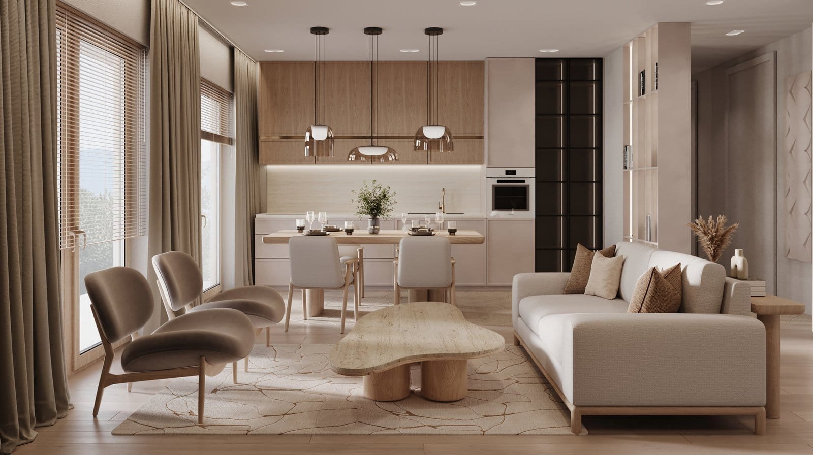 Elegant living room with modern furniture and natural light in Porto Montenegro.