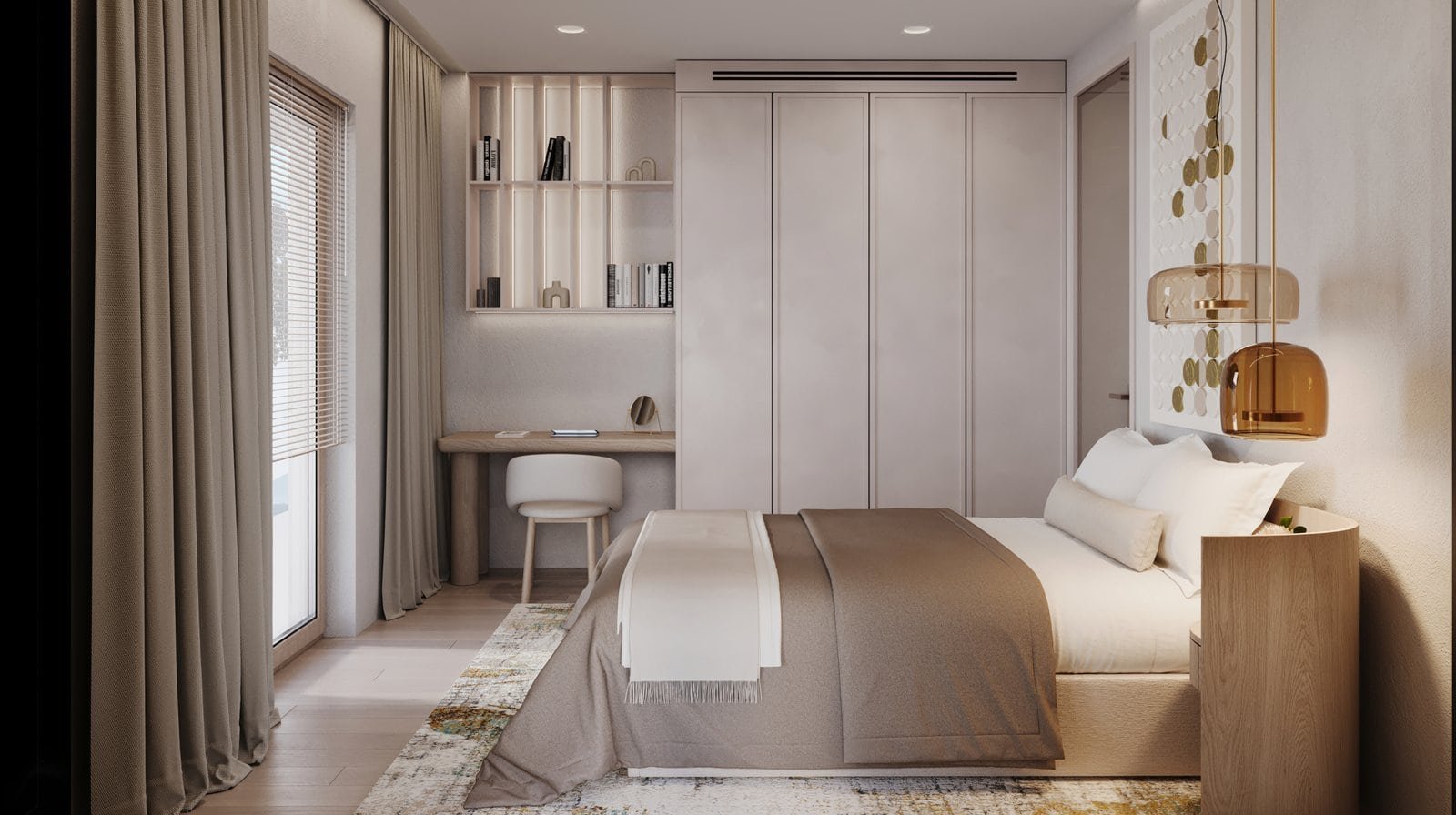 Modern bedroom with neutral tones and elegant decor.