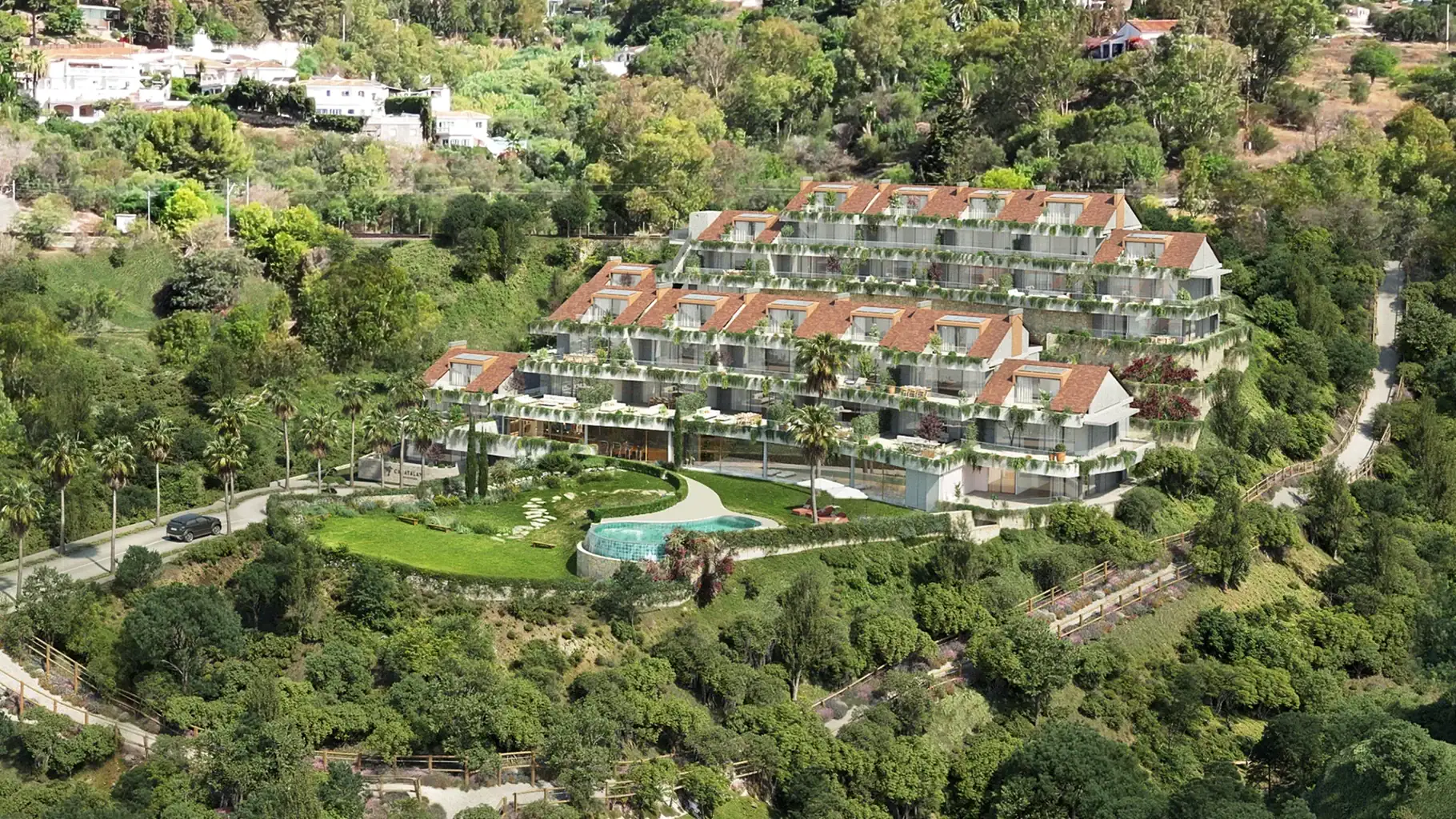 Aerial view of Casatalaya Residences luxury apartments with sea views in Benalmádena.