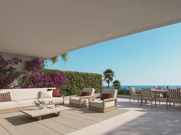 Sea view terrace at Casatalaya Residences, Benalmádena, with modern outdoor furniture and panoramic.