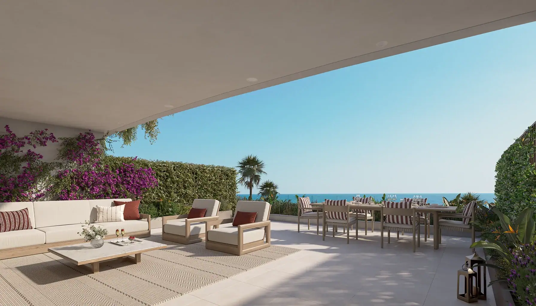 Sea view terrace at Casatalaya Residences, Benalmádena, with modern outdoor furniture and panoramic.