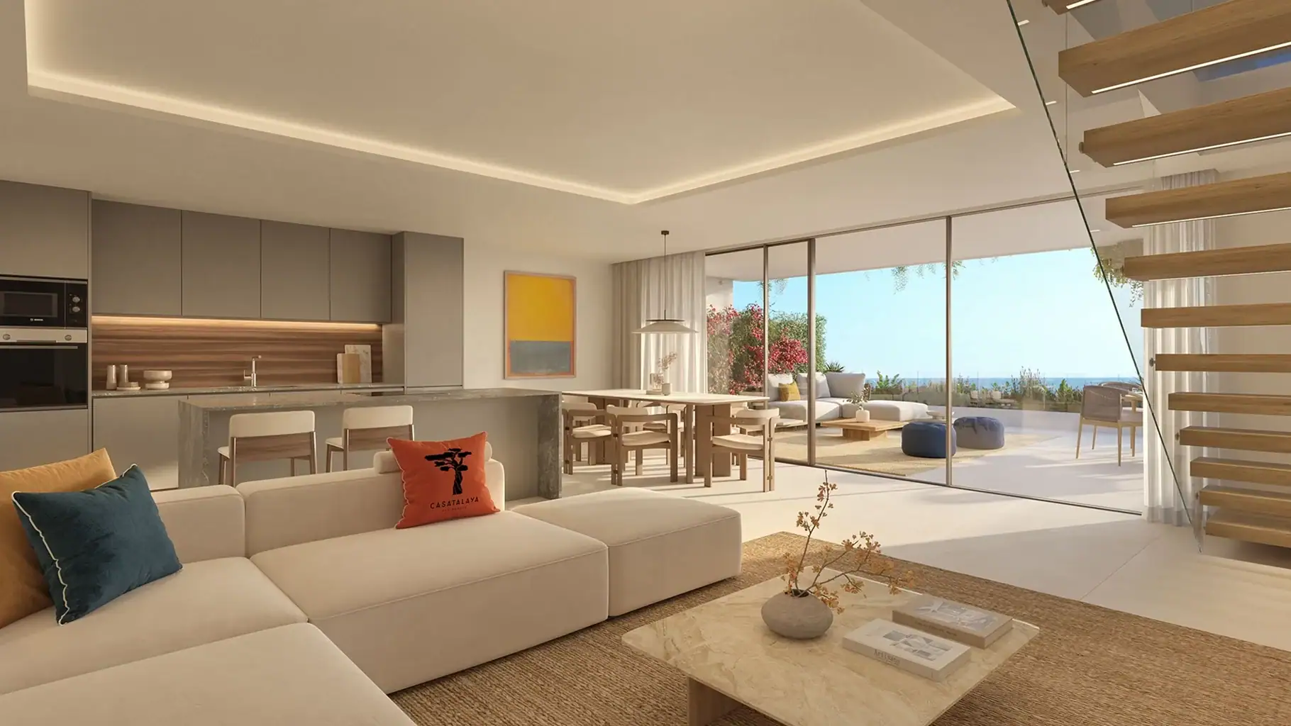 Modern living room with panoramic sea views in Benalmádena luxury apartments.