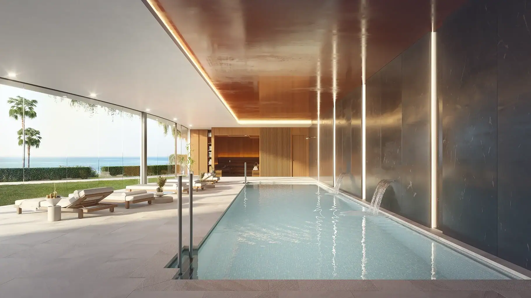 Indoor swimming pool with panoramic sea views at Casatalaya Residences in Benalmádena.