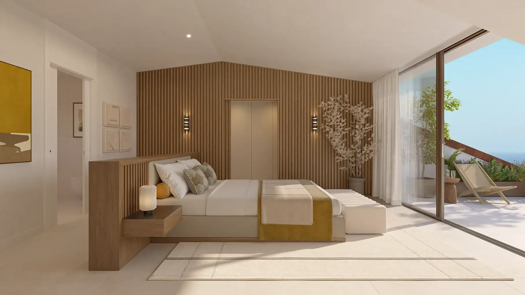 Elegant bedroom with panoramic sea views and stylish decor in Benalmádena.