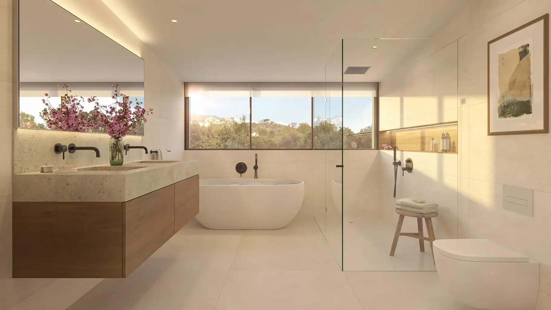 Modern bathroom with freestanding tub and panoramic sea view in Benalmádena.