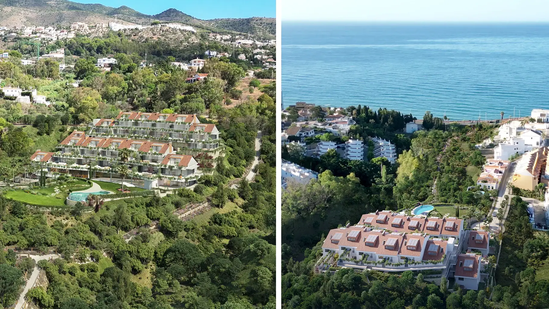 Aerial view of Casatalaya Residences showcasing stunning sea vistas and lush greenery in Benalmádena.