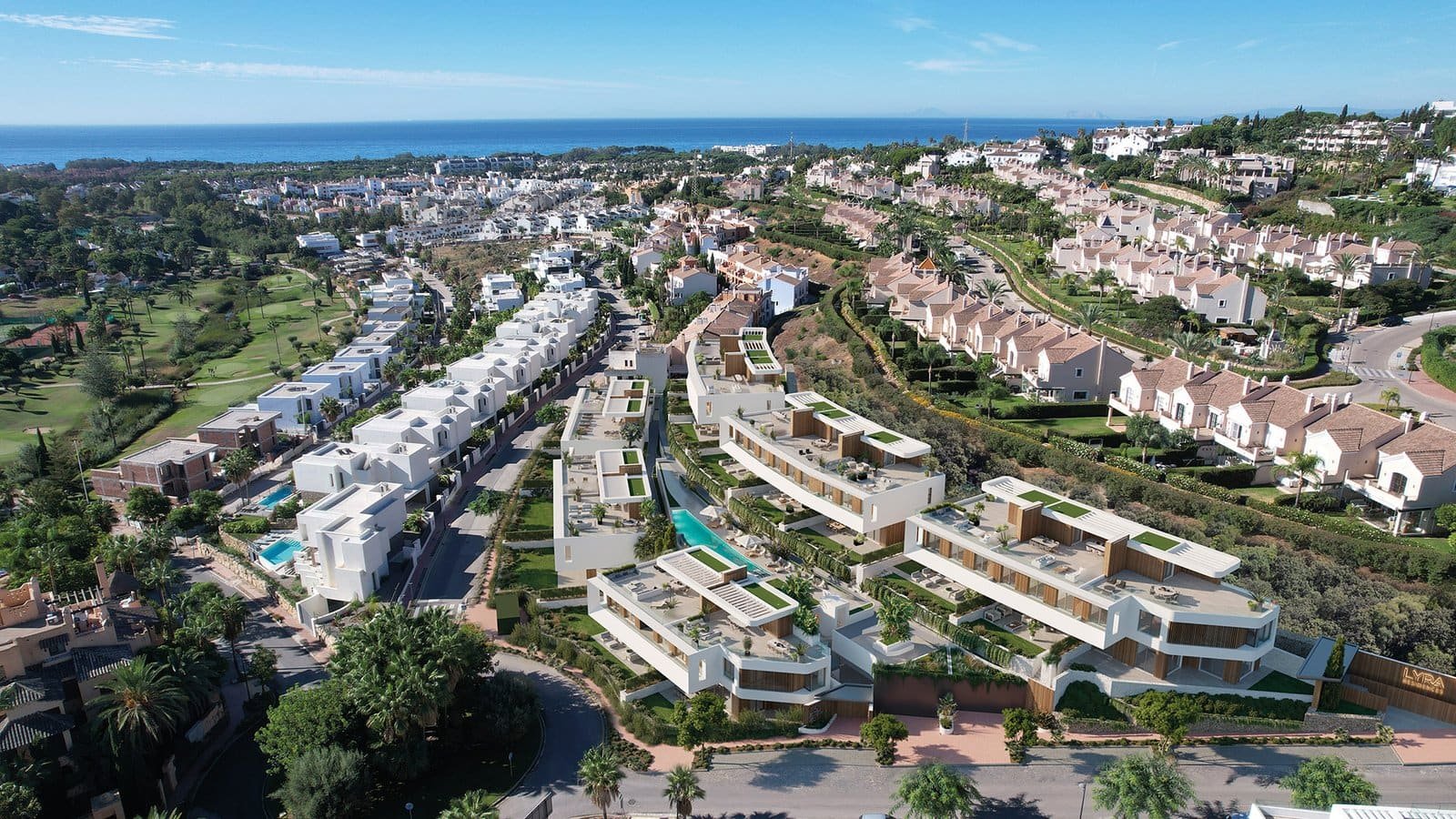 Modern luxury townhouses in El Campanario, Estepona with sea views and private pools.