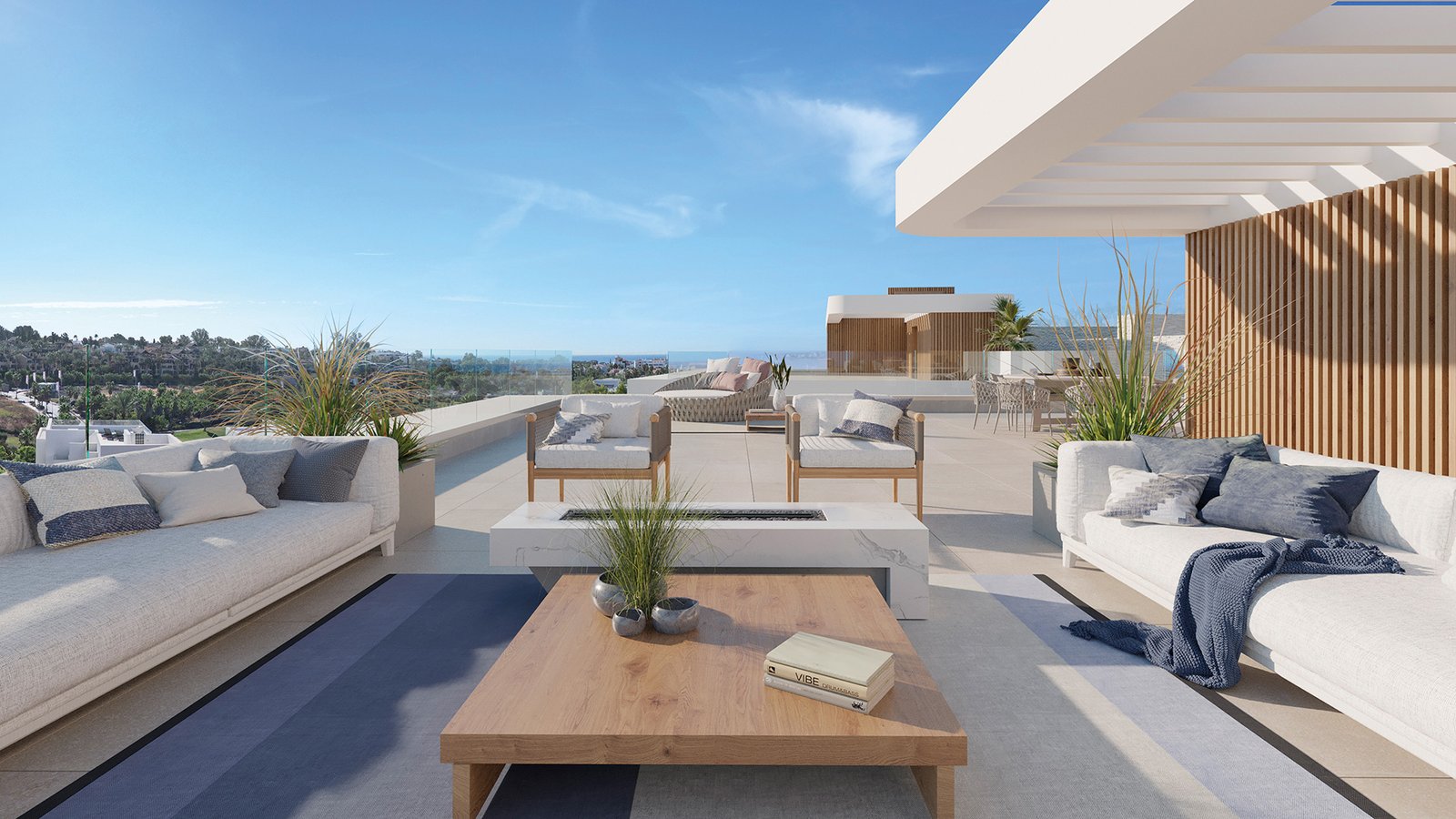 Modern rooftop terrace of luxury townhouses in El Campanario, Estepona.