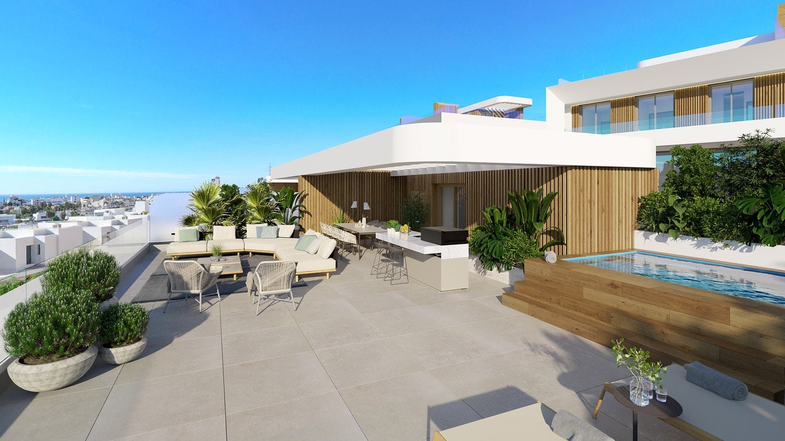 Roof terrace of luxury townhouses in El Campanario, Estepona, offering stunning views and modern out.