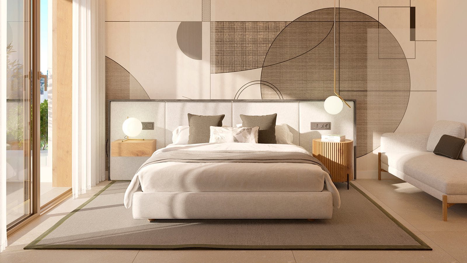 Elegant bedroom in a luxury townhouse at El Campanario, New Golden Mile, Estepona. Modern design wit.