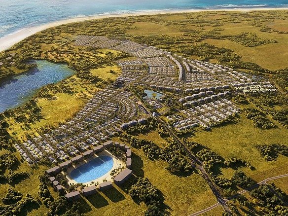 Aerial view of La Reserva luxury villas and plots in Punta Cana, near the beach.