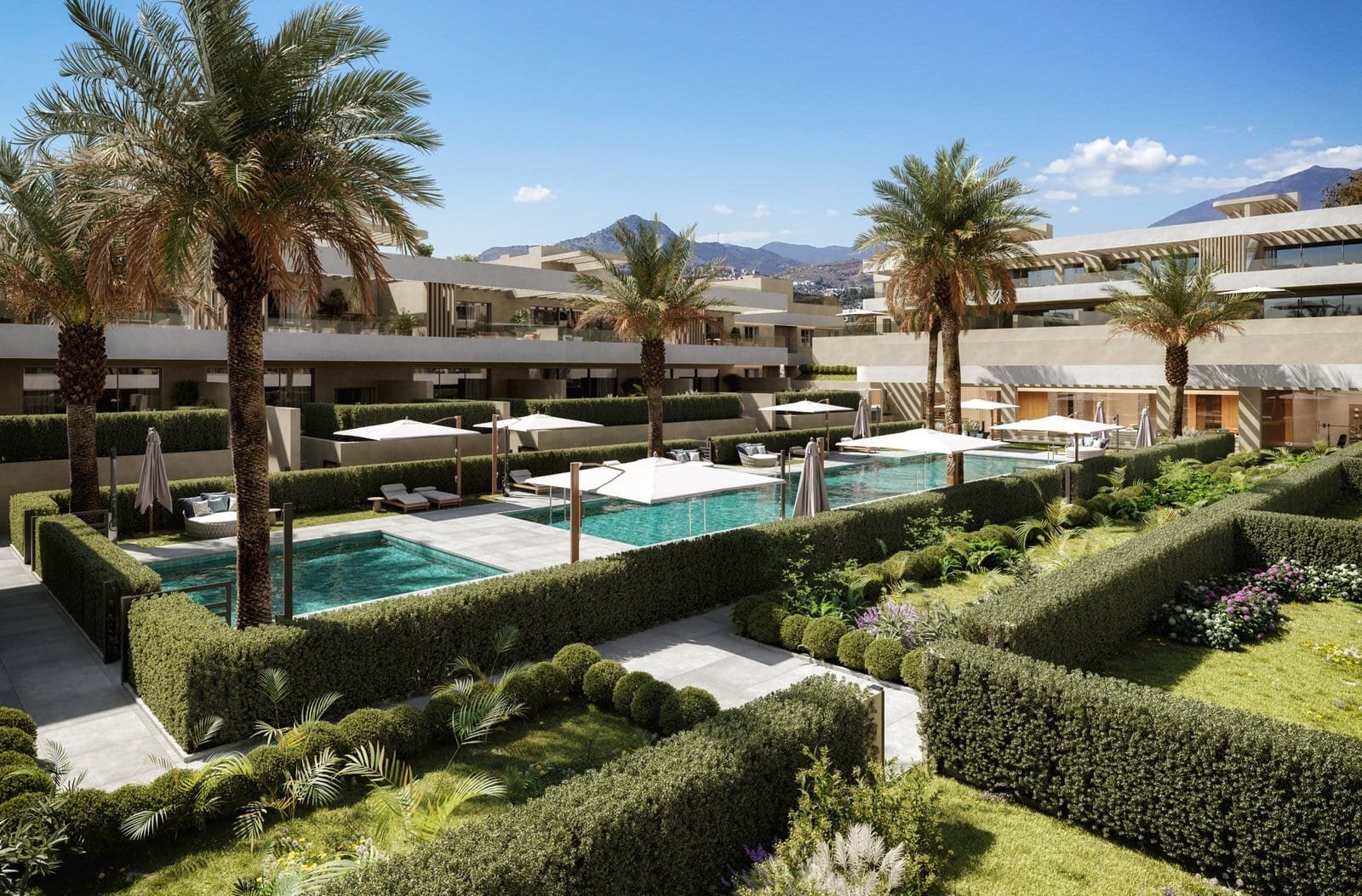 Modern luxury apartments with private pools and lush gardens on the New Golden Mile.