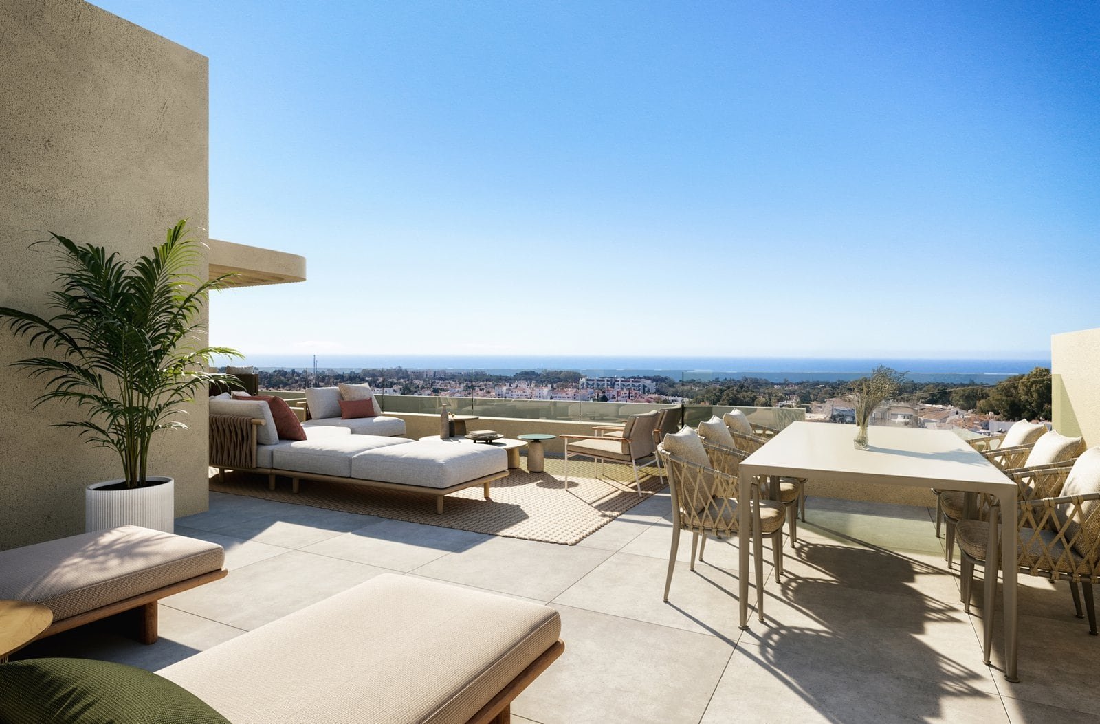 Luxury apartment terrace overlooking the Mediterranean Sea and Estepona skyline. Perfect for relaxin.
