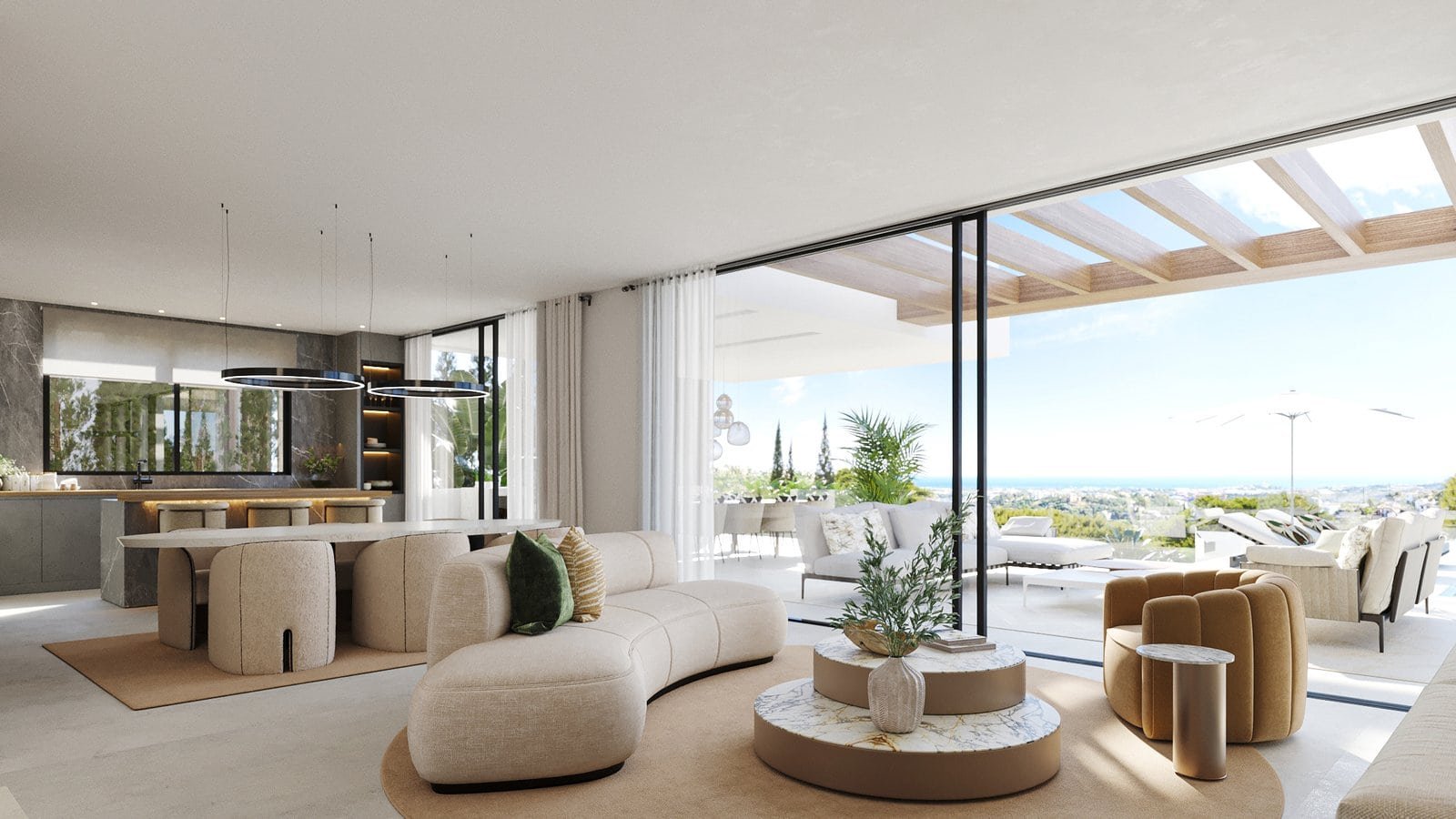 Modern living room with panoramic sea views and stylish furniture at Ocyan Luxury Villas.