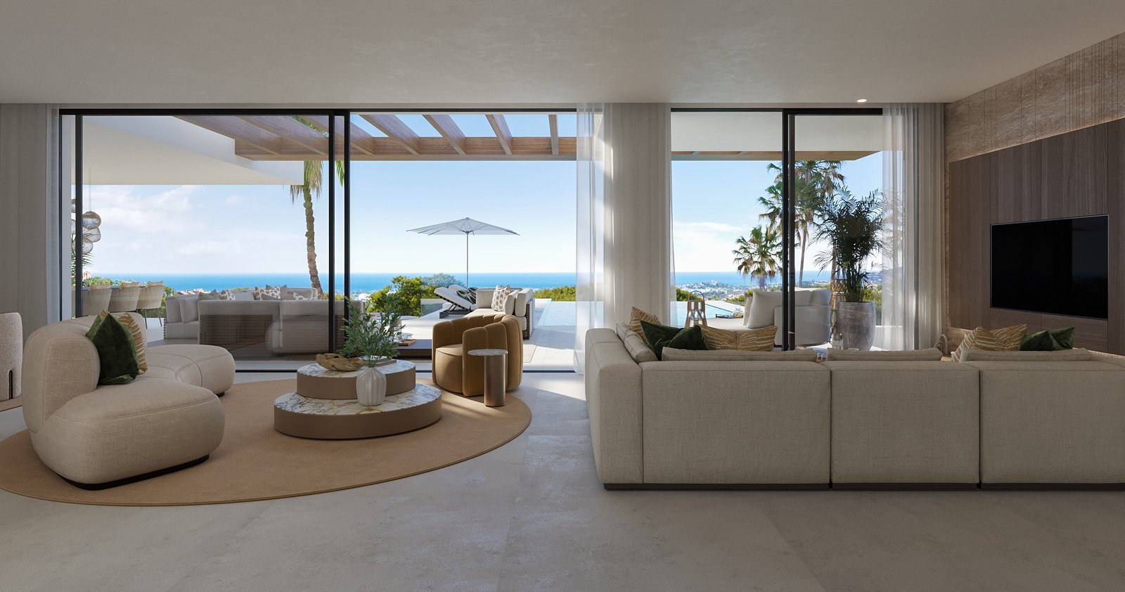 Luxury ocean view living room with modern furniture and panoramic sea views.