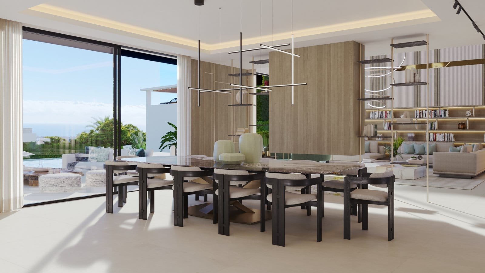 Elegant interior of a dining room with large windows overlooking the coast at Ocyan Luxury Villas, G.