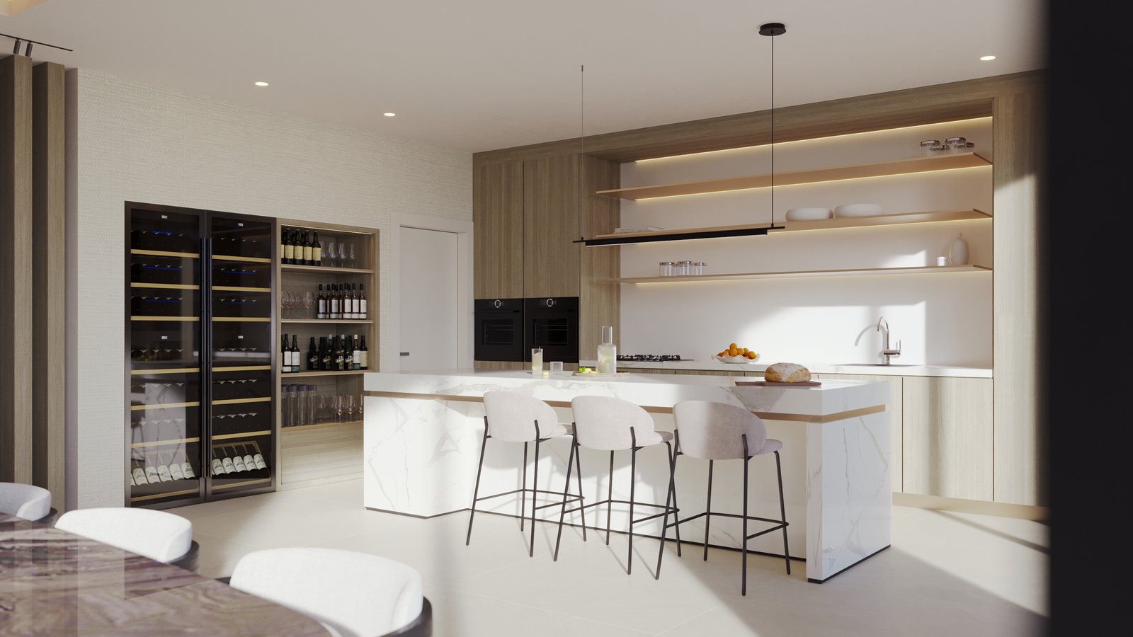 Modern kitchen featuring wine storage and minimalist design.