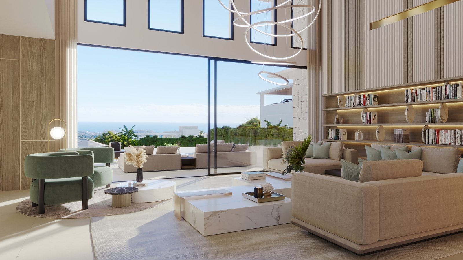 Modern luxury villa living room with sea view on Costa del Sol, Estepona.