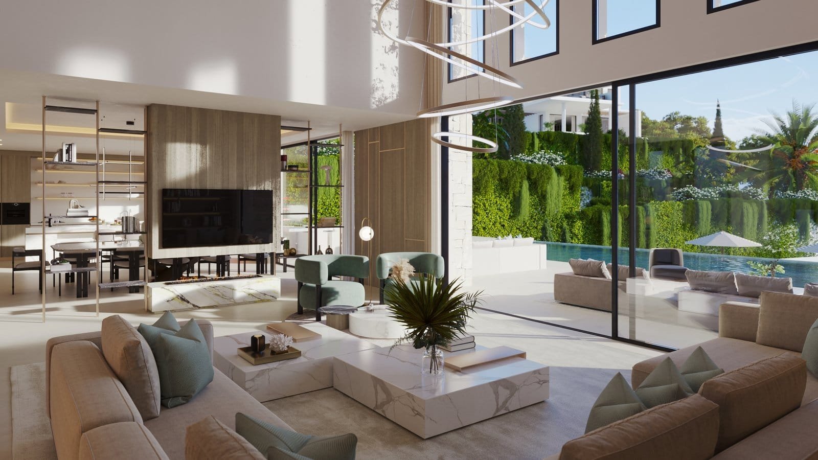 Luxury villa interior with spacious living room, large windows, and stylish furniture on the Costa d.