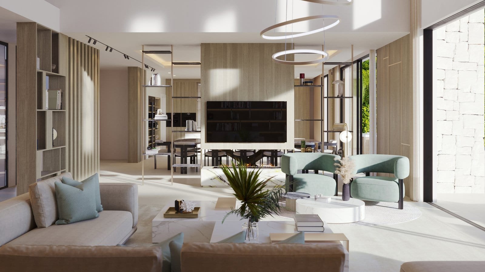 Elegant living room with modern furniture and spacious design in Ocyan Luxury Villas.