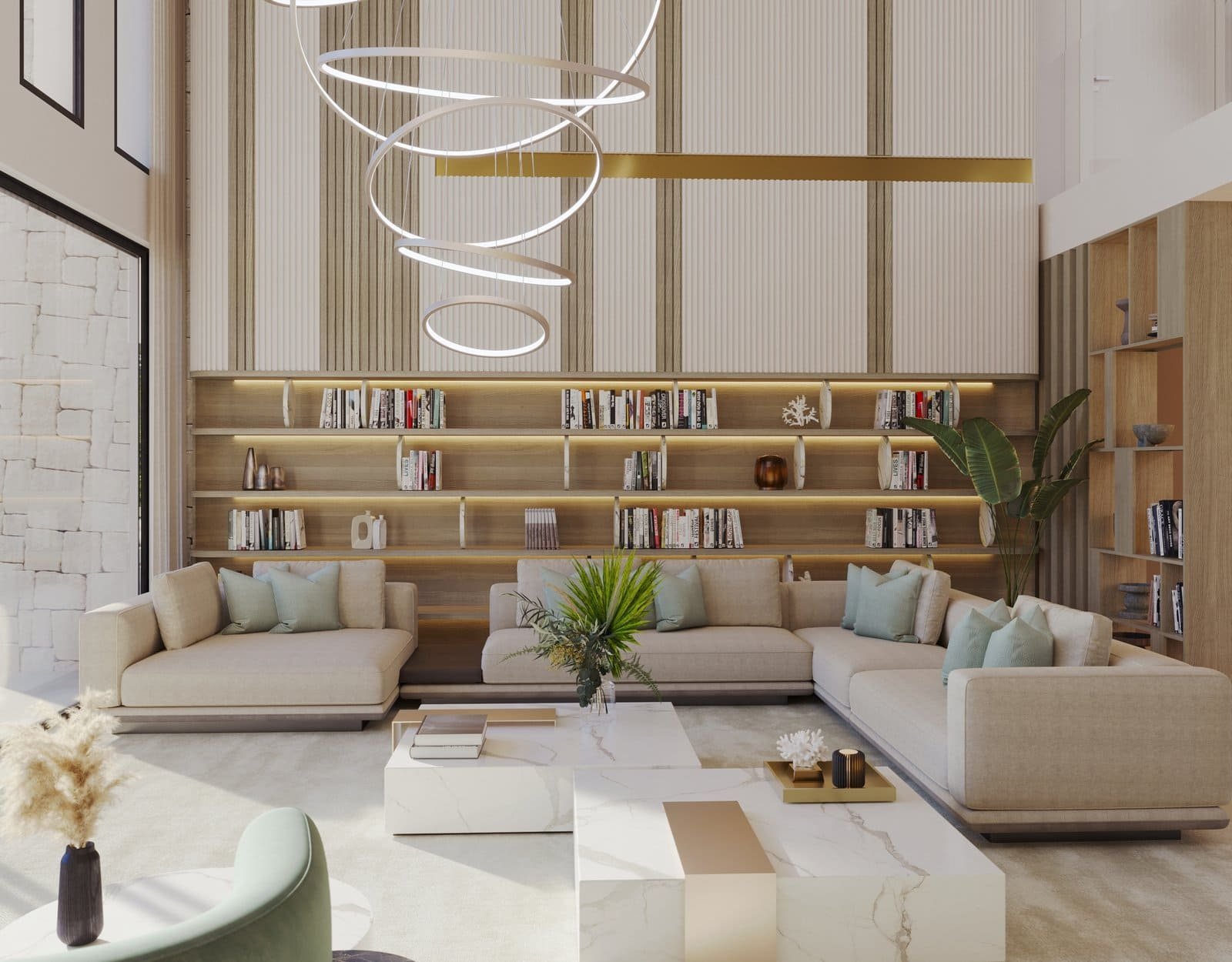 Luxury villa interior with modern design, spacious seating, and elegant decor on Costa del Sol.