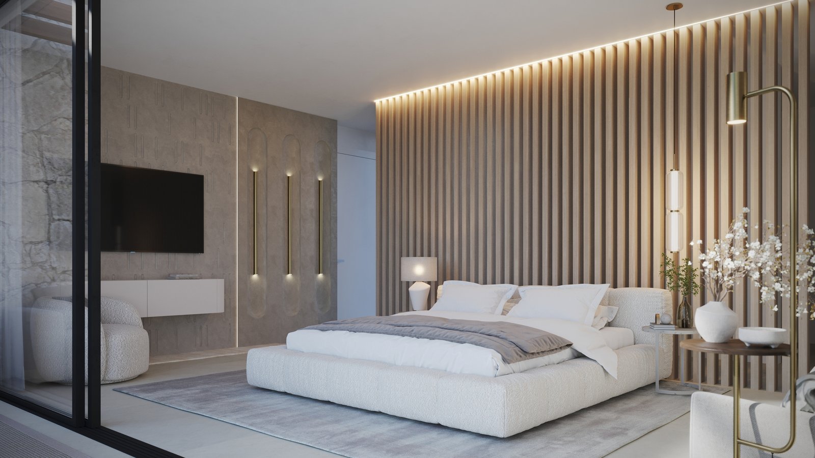 Modern luxury villa bedroom with elegant design and natural lighting.