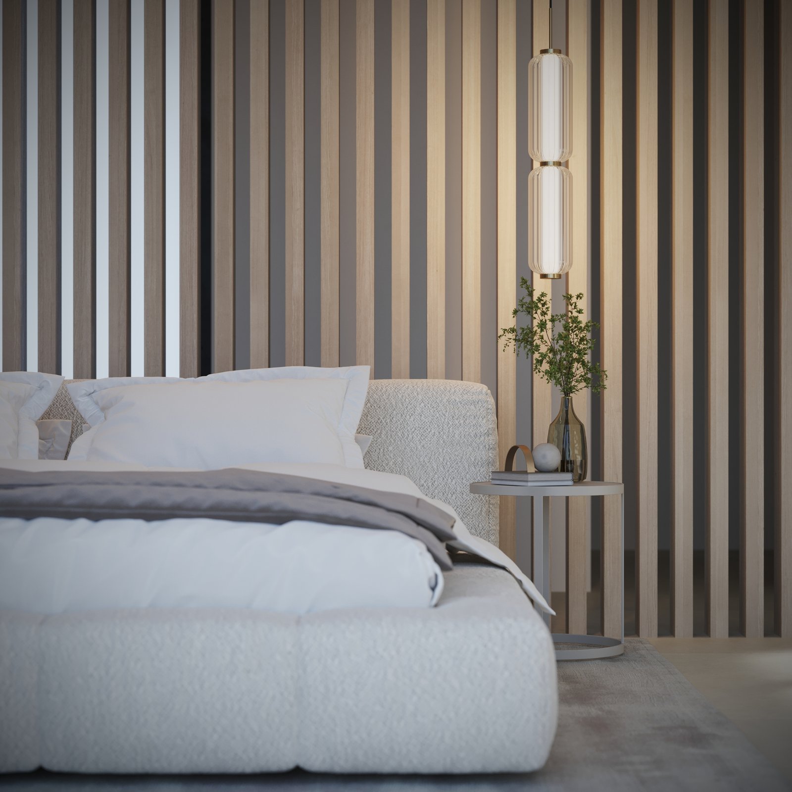 Stylish bedroom with contemporary decor and wooden wall accents.