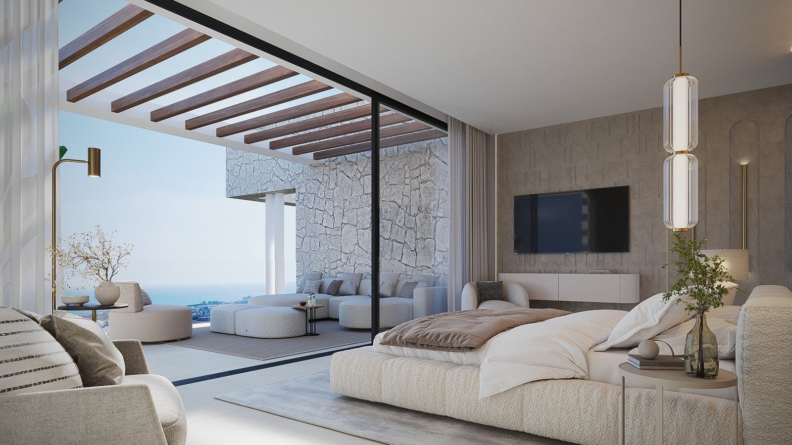 Modern luxury villa bedroom with sea view and stylish decor on Costa del Sol.