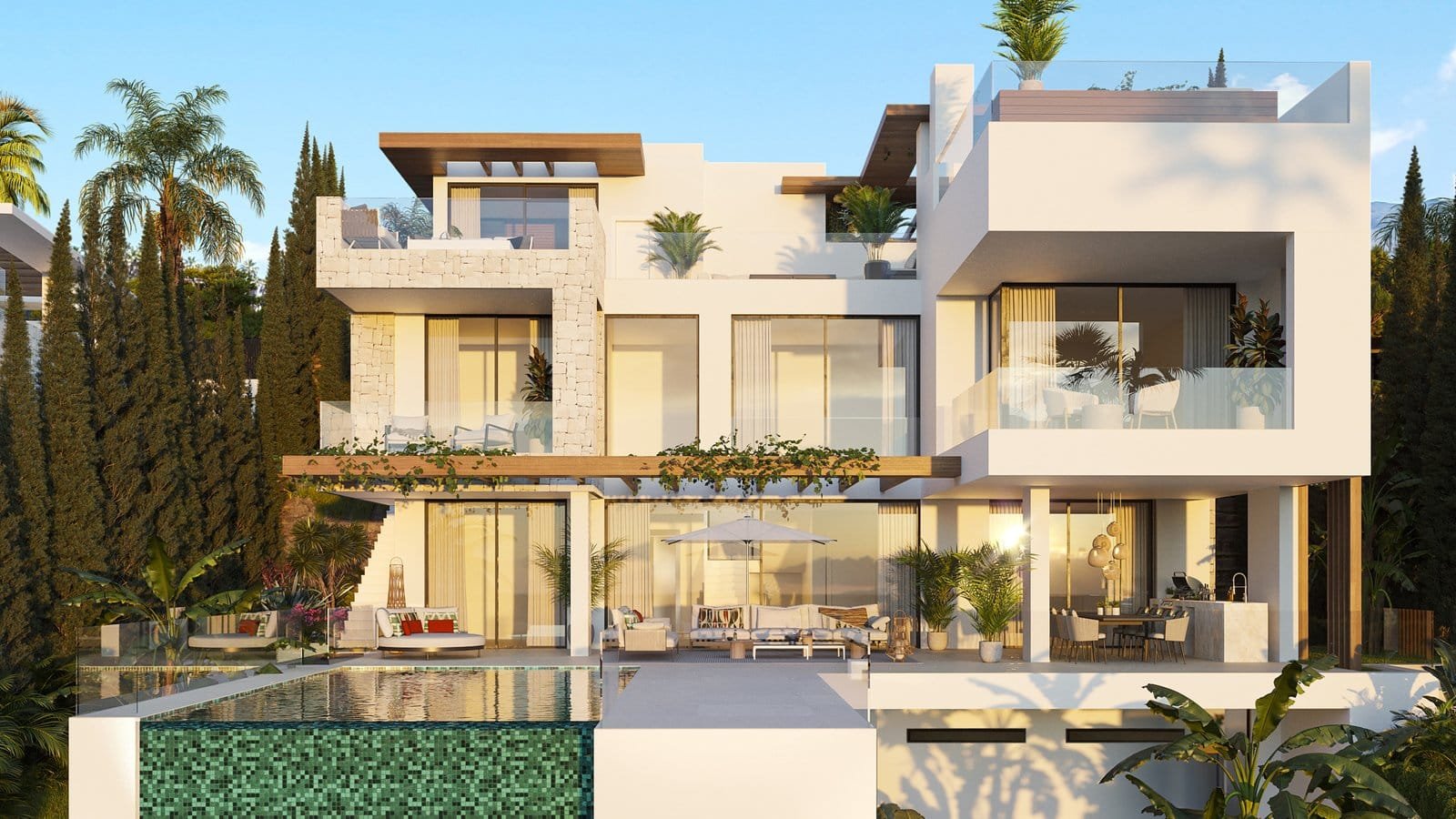 Modern luxury villa with pool and lush gardens in Estepona, Costa del Sol. Perfect for upscale livin.