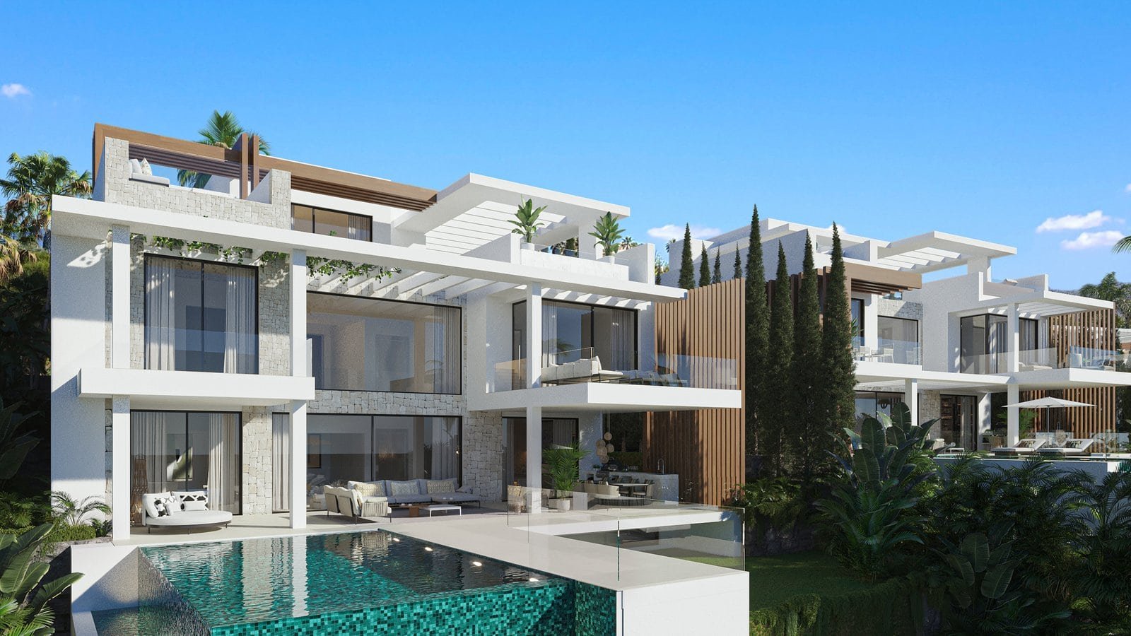 Modern luxury villas with private pools on the Golden Mile, Estepona, Costa del Sol.