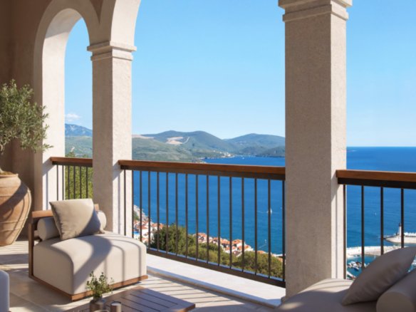 Sea view balcony of luxury apartments in Montenegro with panoramic ocean vistas.