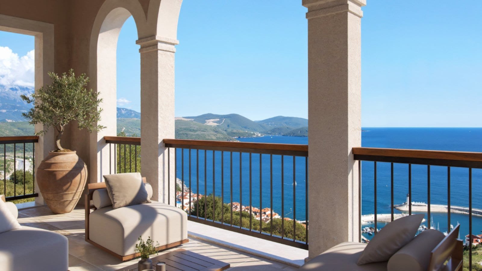 Sea view balcony of luxury apartments in Montenegro with panoramic ocean vistas.