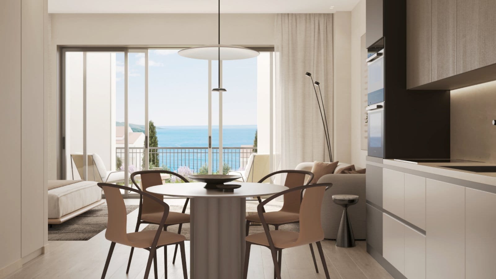 Elegant living space with panoramic sea views in Montenegro luxury apartments.