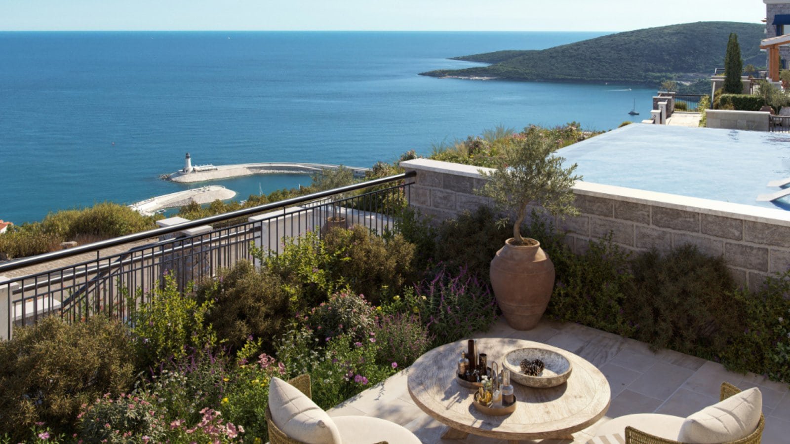 Sea view luxury apartments in Montenegro with spacious terraces and modern amenities.