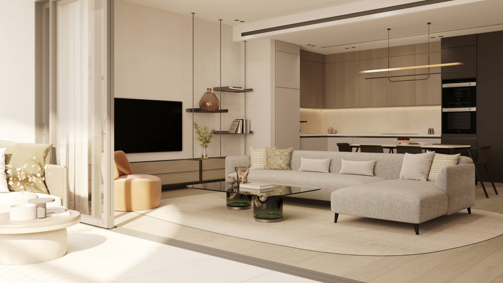 Bright living room with sea view in Montenegro luxury apartments.