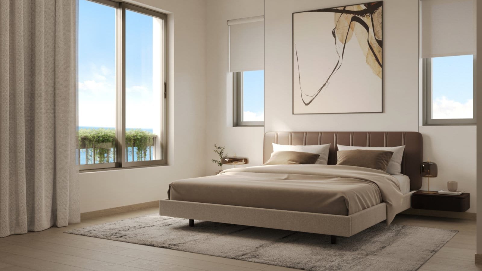 Modern bedroom with panoramic sea views in Montenegro's Horizon Residences.