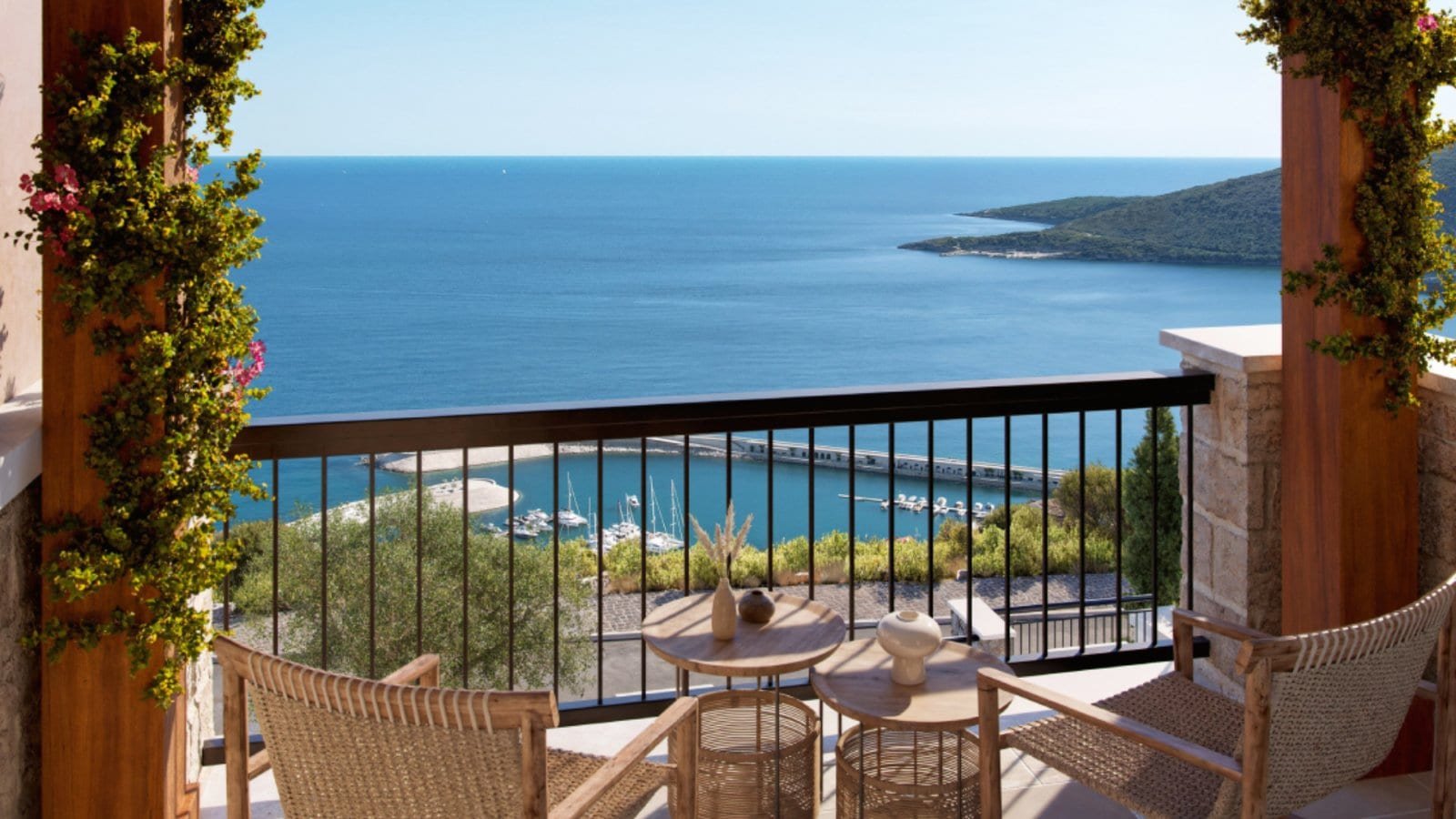 Beautiful sea view from luxury Montenegro apartments with spacious balcony and modern amenities.