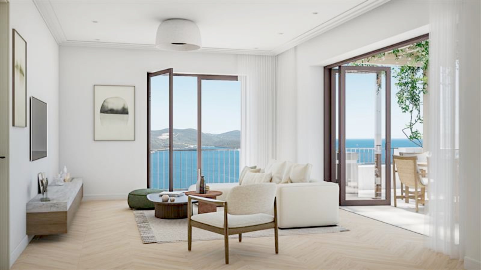 Modern living room with sea view in Montenegro luxury apartments.
