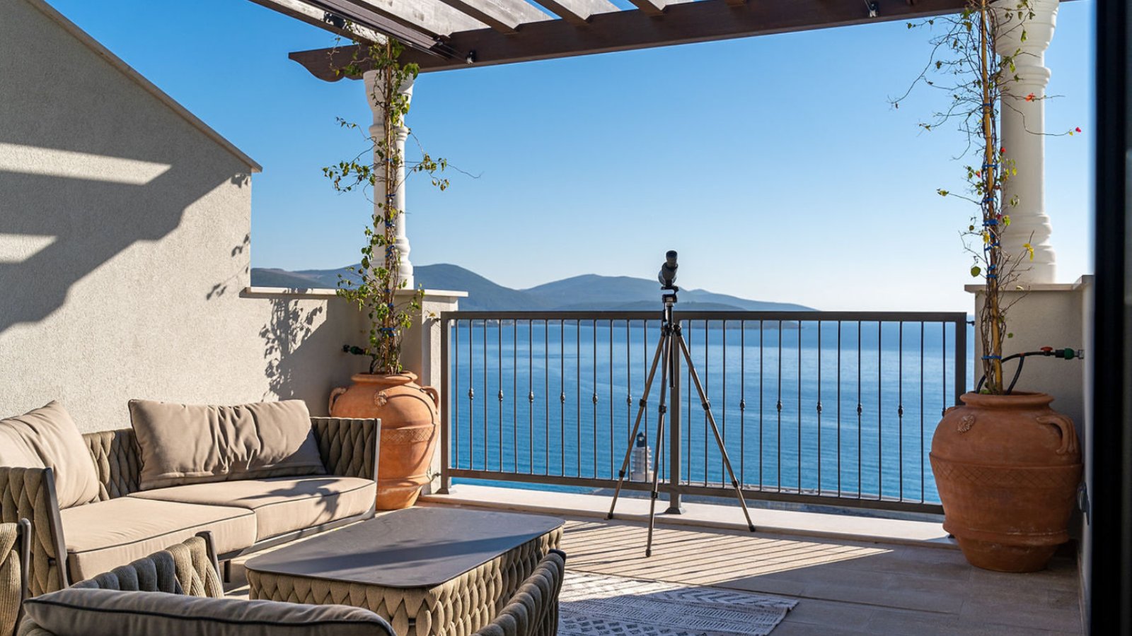 Sea view balcony with telescope at Horizon Sea View Residences, Montenegro.
