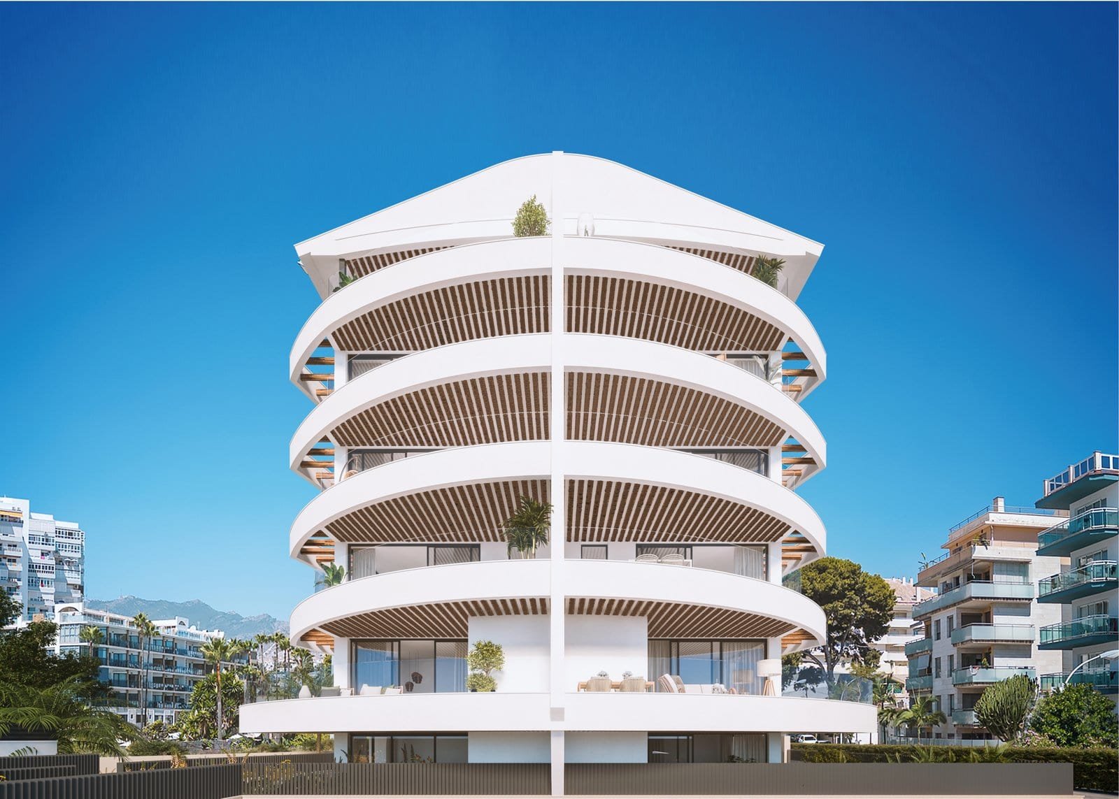 Modern marina building in Benalmádena Costa del Sol, featuring contemporary architecture and scenic.