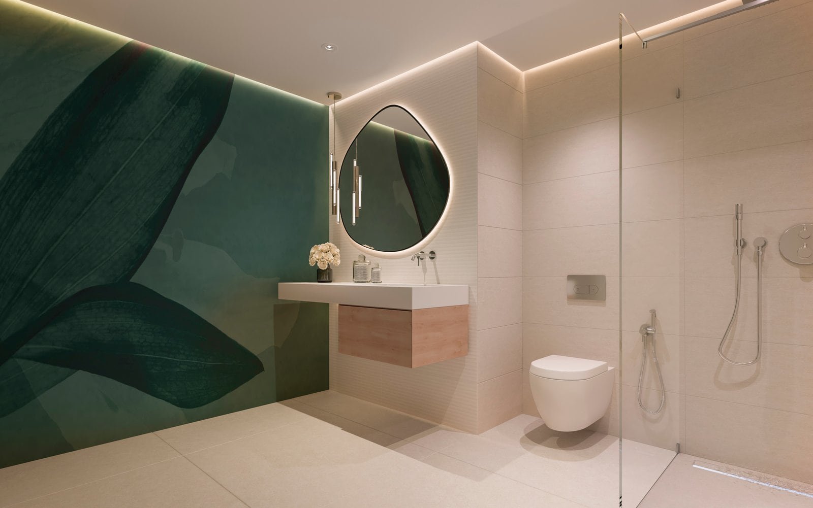 Elegant bathroom featuring a walk-in shower, wall-mounted toilet, and contemporary design.